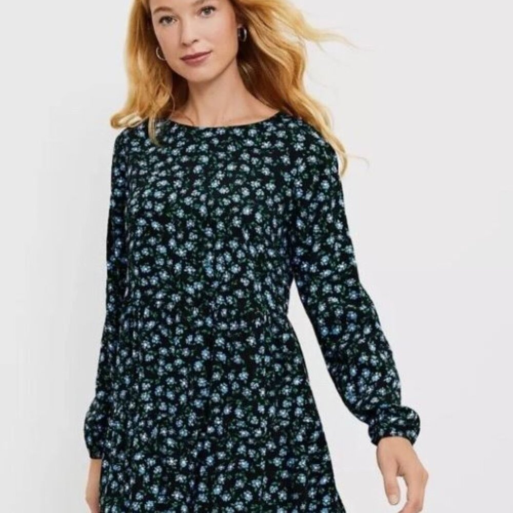 NWT Loft Floral Pocket Tiered Swing Dress Black Ditsy Blue Flow Size S Petite